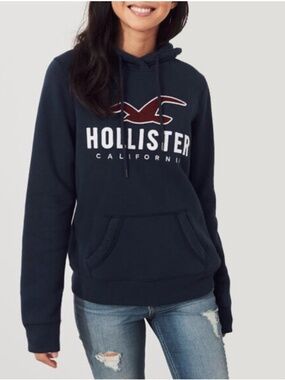 Hollister Navy Blue Fleece Hoodie Pullover Sweatshirt/Size Large